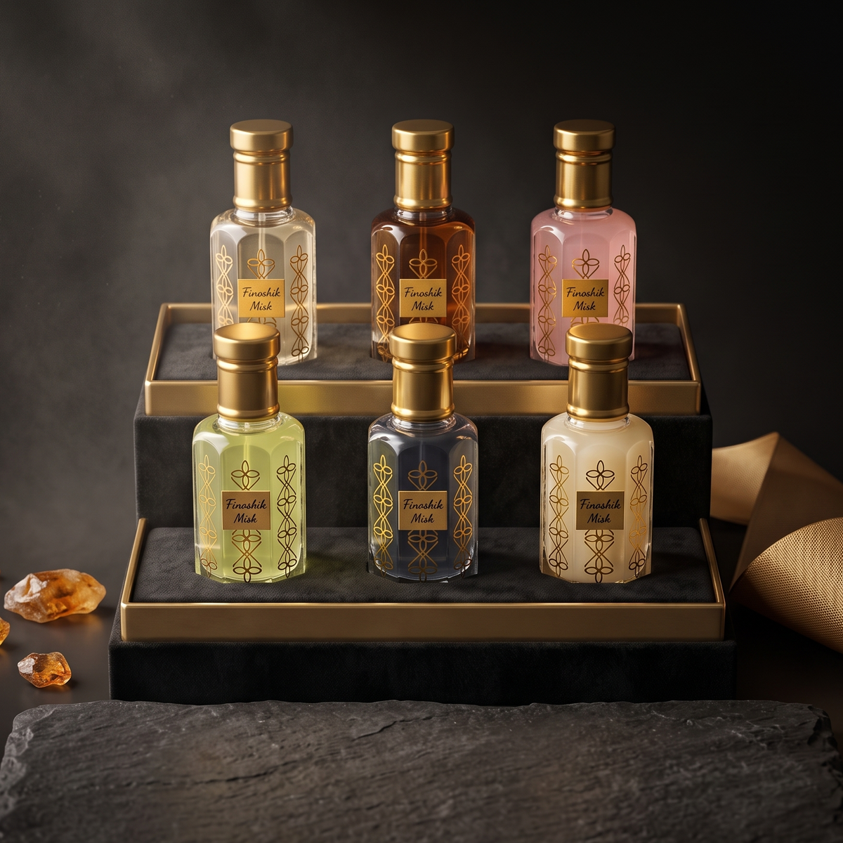 Six small cosmetic bottles with ornate gold caps and decorative labels are arranged on a black-and-gold display stand. The bottles contain pale yellow, amber, pink, green, blue-gray, and off-white liquids, with one bottle showing a gold glittery product.