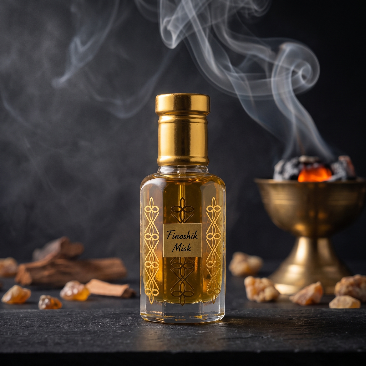 A small glass bottle of Finashk Mask with a shiny gold cap and gold decorative patterns on the label, filled with amber-colored liquid. The bottle is set on a dark slate surface with scattered amber pieces, a smoky incense burner, and smoke rising in the background.