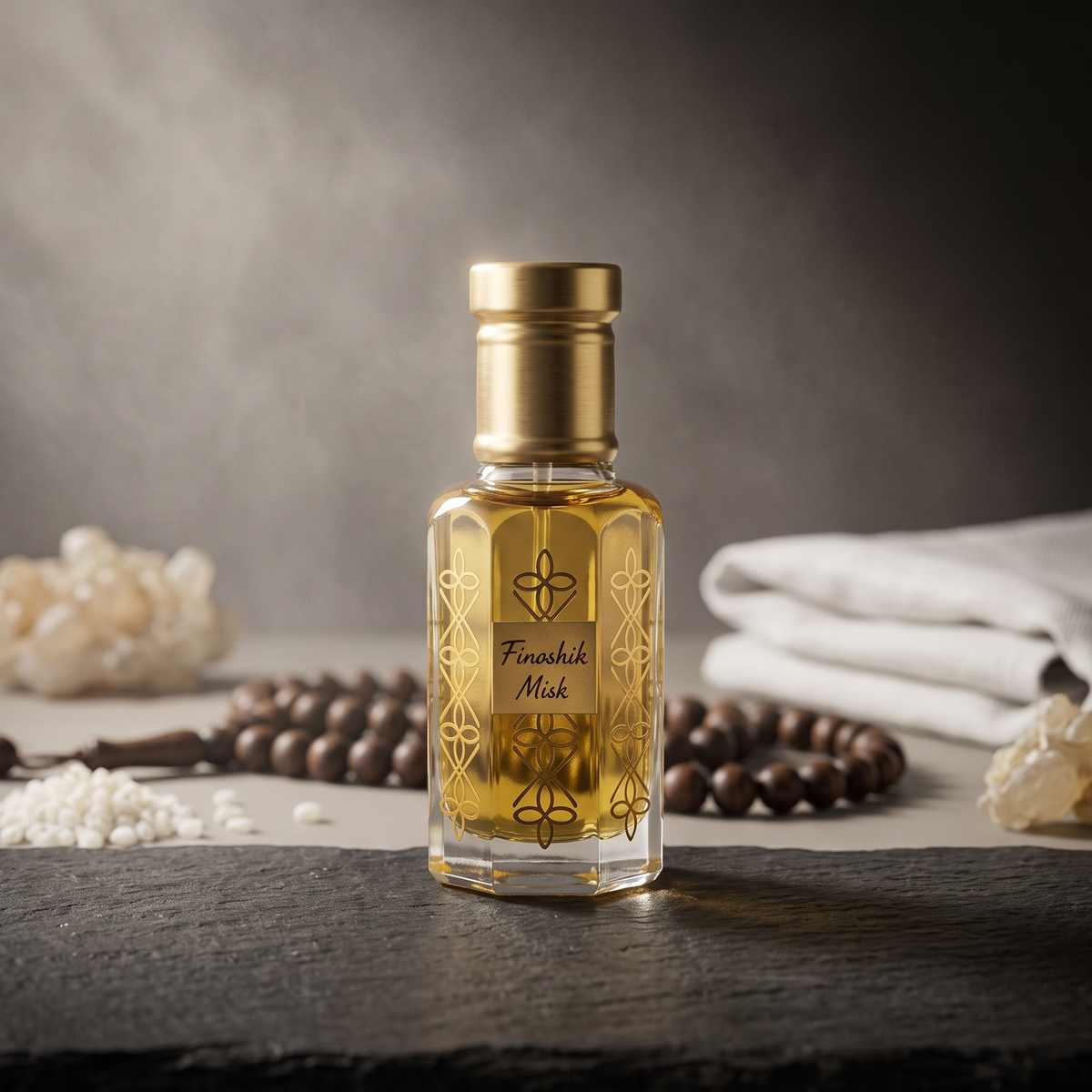 A small clear glass bottle filled with golden amber liquid and decorated with a gold geometric pattern, standing on a dark slate board. The bottle is labeled 'Finakhol Mask' and is styled with prayer beads, white crystals, and folded white towels against a dark gray background.