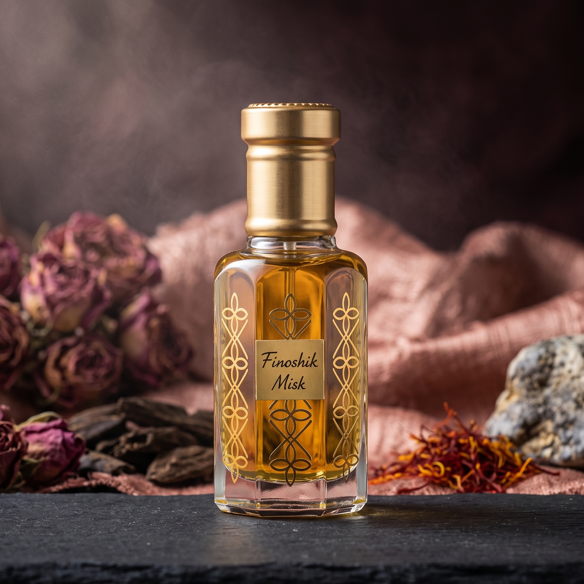 A small rectangular glass bottle of Finashik Misk perfume oil with a gold cap, set on a dark slate surface with dried roses, pink fabric, and a rock in a moody background.