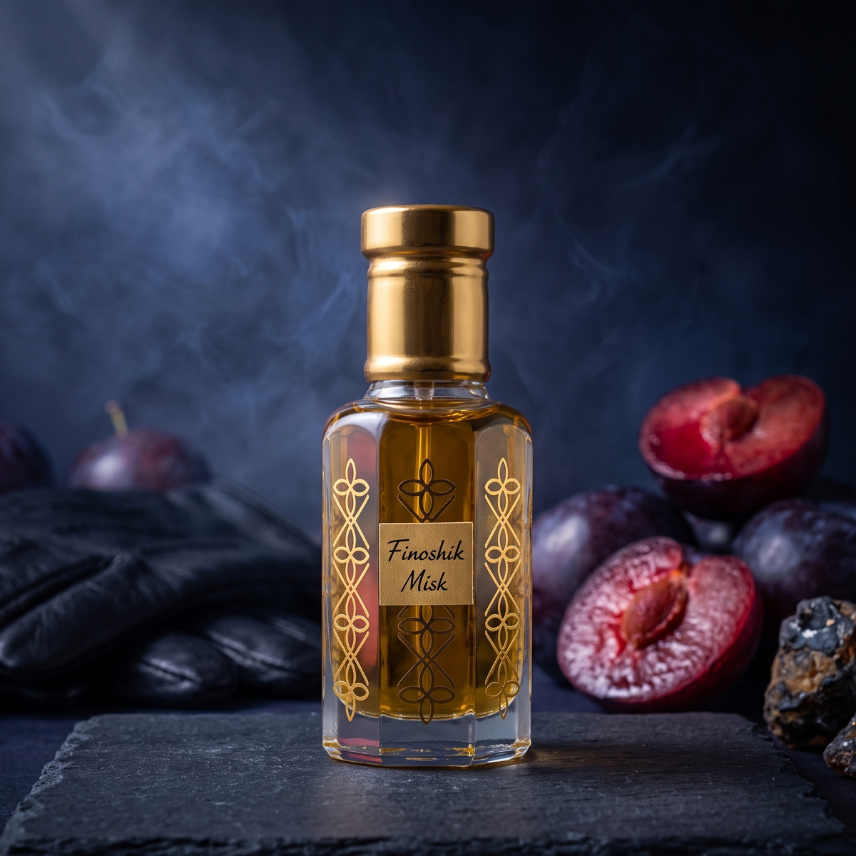 A faceted glass bottle of Finashok Musk perfume with a gold cap and ornate gold label, displayed on a dark slate board with plums, a black glove, and dark stones against a smoky dark blue background.