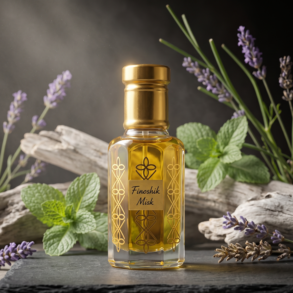A clear glass perfume bottle with a shiny gold cap and gold decorative patterns, filled with golden liquid. The label reads 'Finishuk Mak'.
