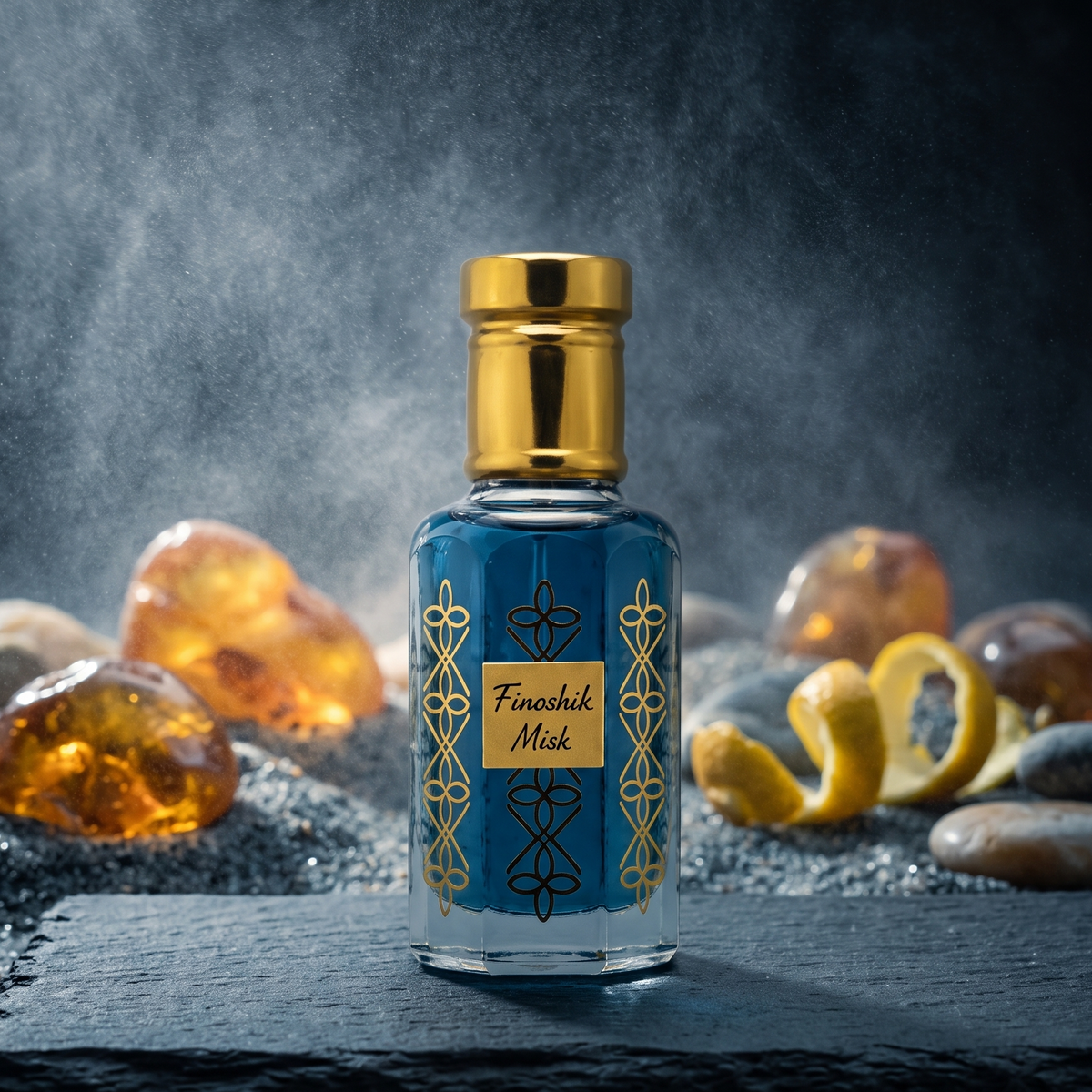 A small rectangular glass bottle labeled 'Finashik Misk' with a gold cap, filled with blue liquid and decorated with gold geometric patterns, standing on a dark slate slab with amber stones and yellow petals in the background.